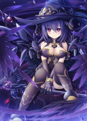 Rule 34 | 1girl, akatuti, bird, black hair, breasts, crow, fantasy, hat, jewelry, large breasts, long hair, original, red eyes, solo, thighhighs, witch, witch hat