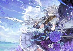 1girl dress flower green_eyes grey_hair instrument luo_tianyi mountainous_horizon piano purple_dress purple_flower purple_rose rose sky starshadowmagician violin vocaloid vsinger_(vocaloid)