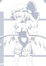 Rule 34 | 1girl, adjusting clothes, arm warmers, ass, ass cutout, butt crack, clothing cutout, collar, flandre scarlet, greyscale, hat, heart cutout, highres, kagayama hajime, looking at viewer, monochrome, pointy ears, side ponytail, sleeve cuffs, thighhighs, touhou, wings, wrestling outfit, wrestling ring