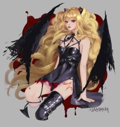 Rule 34 | 1girl, alternate eye color, animal ears, big hair, black dress, black wings, blonde hair, breasts, cat ears, choker, cropped legs, curly hair, damang, demon tail, dress, fang, highres, lipstick, long hair, looking at viewer, makeup, red eyes, scar, seeu, short dress, signature, single thighhigh, small breasts, solo, tail, thighhighs, vampire, very long hair, vocaloid, wings