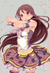 Rule 34 | 10s, 1girl, aikatsu!, aikatsu! (series), arm strap, armpits, ascot, bare shoulders, brown hair, brown thighhighs, buttons, checkered clothes, checkered skirt, clearite, contrapposto, frilled skirt, frills, gloves, grey background, head tilt, idol, long hair, looking at viewer, midriff, miniskirt, navel, open mouth, pink eyes, plaid, plaid skirt, purple eyes, red skirt, shibuki ran, sidelocks, simple background, skirt, sleeveless, solo, standing, strapless, thighhighs, triangle mouth, tube top, white gloves, zettai ryouiki