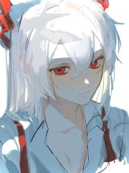 Rule 34 | 1girl, bow, closed mouth, collarbone, collared shirt, fujiwara no mokou, grey bow, grey shirt, hair between eyes, hair bow, highres, long hair, looking away, multicolored bow, pkokonatu, red bow, red eyes, shirt, short sleeves, simple background, solo, suspenders, touhou, two-tone bow, upper body, white background, white hair