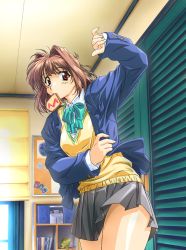 Rule 34 | aqua bow, aqua bowtie, blazer, blouse, book, bow, bowtie, bread, bread slice, brown hair, collared shirt, cowboy shot, day, food, food in mouth, from side, hair intakes, indoors, jacket, kawai rie, lovers (game), miniskirt, mouth hold, pleated skirt, radio, red eyes, ribbon, school uniform, shirt, short hair, skirt, solo, standing, sweater, taki minashika, thighs, toast, toast in mouth, white shirt, window blinds