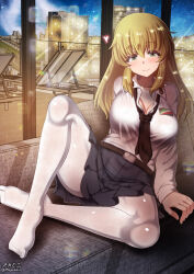 Rule 34 | 1girl, anzio school uniform, blonde hair, blush, breasts, carpaccio (girls und panzer), cleavage, closed mouth, covered erect nipples, girls und panzer, green eyes, highres, indoors, large breasts, long hair, looking at viewer, megadeko, pantyhose, school uniform, smile, solo, white pantyhose