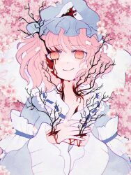 Rule 34 | 1girl, blood, blue hat, blue kimono, branch, cherry blossoms, closed mouth, commentary, dungeon toaster, english commentary, hat, highres, japanese clothes, kimono, long sleeves, looking at viewer, mob cap, pink hair, saigyouji yuyuko, short hair, smile, solo, touhou, triangular headpiece, upper body