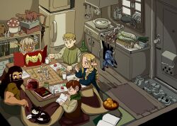 Rule 34 | 1girl, 4boys, animal, animalization, beard, black hair, blonde hair, blush, board game, book, bookshelf, bowl, brown hair, cat, chilchuck tims, claws, closed mouth, commentary request, cooking pot, cup, cutting board, dark-skinned male, dark skin, dice, door, dungeon meshi, eating, facial hair, food, fruit, highres, holding, holding book, indoors, izutsumi, kisei mt, kotatsu, laios touden, long hair, long sleeves, marcille donato, mug, multiple boys, mushroom, open mouth, orange (fruit), paper, pointy ears, purple eyes, refrigerator, senshi (dungeon meshi), shirt, sink, sitting, slime (substance), spring onion, stuffed animal, stuffed toy, sword, table, tabletop rpg, tentacles, thistle (dungeon meshi), weapon, window