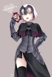 Rule 34 | 1girl, ahoge, armor, armored dress, black gloves, black thighhighs, box, breasts, chain, commentary request, fate/grand order, fate (series), fur trim, gauntlets, gift, gloves, headpiece, holding, holding gift, jeanne d&#039;arc (fate), jeanne d&#039;arc alter (avenger) (fate), jeanne d&#039;arc alter (fate), kubyou azami, light purple hair, looking at viewer, medium breasts, open mouth, ribbon, short hair, solo, standing, thighhighs, valentine, yellow eyes