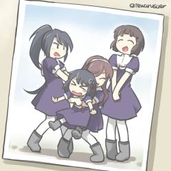Rule 34 | &gt; &lt;, 10s, 4girls, ashigara (kancolle), black hair, blush stickers, boots, brown hair, dress, closed eyes, haguro (kancolle), hair ornament, hairband, hairclip, hug, hug from behind, kantai collection, long hair, multiple girls, myoukou (kancolle), nachi (kancolle), open mouth, pantyhose, photo (object), pigeon-toed, ponytail, purple dress, short hair, tears, tewarusa, twitter username, v arms, white legwear, aged down