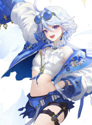 Rule 34 | 1girl, :d, absurdres, ahoge, alternate costume, arm up, ascot, asymmetrical gloves, belt, blue-tinted eyewear, blue belt, blue eyes, blue gemstone, blue gloves, blue hair, blue hat, blue jacket, casual, commentary, crop top, daeho cha, earrings, eyewear on head, furina (genshin impact), gem, genshin impact, gentilhomme usher, gloves, hair between eyes, hand on own hip, hat, highres, holding, holding clothes, holding hat, jacket, jewelry, legs, light blue hair, long hair, long sleeves, looking at viewer, mademoiselle crabaletta, midriff, mismatched gloves, multicolored hair, navel, open clothes, open jacket, open mouth, round eyewear, short hair, shorts, sidelocks, simple background, smile, solo, sparkle, standing, stomach, streaked hair, sunglasses, surintendante chevalmarin, teeth, thigh strap, thighs, tinted eyewear, top hat, upper teeth only, white ascot, white gloves, white jacket, zipper