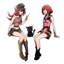 Rule 34 | 2girls, black footwear, boots, brown hair, buttons, cross, cross necklace, closed eyes, fanny pack, green shorts, highres, invisible chair, jewelry, kairi (kingdom hearts), kingdom hearts, knee boots, kovalt, laughing, long hair, looking at another, midriff, misaki shiki, multiple girls, navel, necklace, nyantan, pink skirt, short shorts, shorts, simple background, sitting, skirt, sleeveless, smile, square enix, stuffed animal, stuffed cat, stuffed toy, subarashiki kono sekai, white background, white wristband, wristband, yellow wristband, zipper