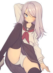 Rule 34 | 1girl, arm behind head, black sailor collar, black skirt, black thighhighs, blue eyes, blush, breast pocket, cameltoe, closed mouth, collarbone, commentary, cowboy shot, everyntrge, gluteal fold, hair between eyes, knee up, long hair, long sleeves, looking at viewer, neckerchief, one eye closed, original, paid reward available, panties, pleated skirt, pocket, red neckerchief, sailor collar, school uniform, serafuku, simple background, skirt, solo, sweatdrop, thighhighs, underwear, white background, white footwear, white hair, white panties