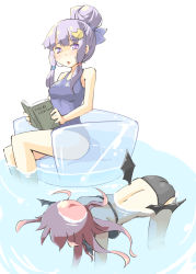 Rule 34 | 2girls, alternate hairstyle, arnest, asphyxiation, ass, back, bikini, black bikini, blue bow, blue one-piece swimsuit, blush, book, bow, breasts, crescent, crescent hair ornament, drowning, face down, floating, hair bun, hair ornament, head wings, highres, holding, holding book, inflatable chair, koakuma, legs, low wings, mini wings, multiple girls, one-piece swimsuit, open mouth, partially submerged, patchouli knowledge, purple eyes, purple hair, reading, red hair, sidelocks, single hair bun, sitting, soaking feet, sweatdrop, swimsuit, thighs, touhou, water, wings