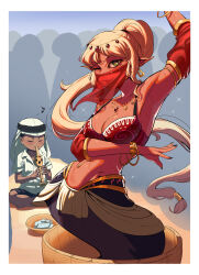 Rule 34 | 1boy, 1girl, 6+others, absurdres, arabian clothes, arm up, armpits, black nails, blonde hair, border, bowl, bracelet, breasts, cleavage, crown, dancer, dancing, dark-skinned female, dark-skinned male, dark skin, detached sleeves, doodle shark, flute, forked tongue, gold, green eyes, groin, harem outfit, highres, instrument, jewelry, lamia, long hair, looking at viewer, medium breasts, money, monster girl, mouth veil, multiple others, music, musical note, navel, navel piercing, necklace, original, outdoors, piercing, playing instrument, pointy ears, ponytail, shorts, slit pupils, snake charmer, sweat, tongue, turban, veil, white border