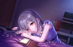 Rule 34 | 1girl, artist request, bed, book, cellphone, hair between eyes, hair down, idolmaster, idolmaster cinderella girls, idolmaster cinderella girls starlight stage, kanzaki ranko, long hair, nightgown, official art, phone, raised eyebrows, red eyes, sad, short sleeves, smartphone, smartphone case, solo