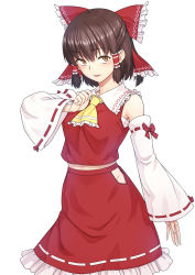 Rule 34 | 1girl, ascot, bow, brown hair, detached sleeves, frilled bow, frills, hair bow, hair tubes, hakurei reimu, highres, kakone, light smile, looking at viewer, nontraditional miko, parted lips, red bow, ribbon-trimmed sleeves, ribbon trim, sarashi, touhou