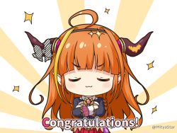 Rule 34 | 1girl, :3, black jacket, blonde hair, blush, bow, braid, brown hair, chibi, closed eyes, closed mouth, commentary request, congratulations, crossed arms, diagonal stripes, dragon horns, english text, facing viewer, hololive, horn bow, horn ornament, horns, jacket, kiryu coco, kiryu coco (1st costume), long hair, mitya, multicolored hair, pleated skirt, red skirt, single braid, skirt, smug, solo, sparkle, streaked hair, striped, striped bow, sunburst, sunburst background, twitter username, v-shaped eyebrows, very long hair, virtual youtuber
