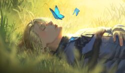 Rule 34 | 1boy, blonde hair, blue butterfly, blurry, blurry foreground, bug, butterfly, chestnut ann, closed eyes, coat, dimitri alexandre blaiddyd, fire emblem, fire emblem: three houses, fur trim, grass, grey coat, hair between eyes, insect, lying, male focus, nintendo, on back, outdoors, sleeping, solo, upper body