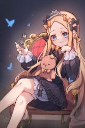 Rule 34 | 1girl, abigail williams (fate), black bow, black dress, black hat, blonde hair, bloomers, blue eyes, bow, breasts, bug, butterfly, chair, crossed legs, dress, fate/grand order, fate (series), forehead, hair bow, hat, highres, insect, long hair, long sleeves, looking at viewer, miya (miyaruta), orange bow, parted bangs, ribbed dress, saint quartz (fate), sitting, small breasts, smile, solo, stuffed animal, stuffed toy, teddy bear, tiara, underwear, white bloomers