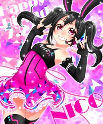 Rule 34 | 10s, 1girl, \m/, animal ears, black gloves, black hair, rabbit ears, character name, dated, double \m/, dress, elbow gloves, fingerless gloves, gloves, grin, happy birthday, headset, highres, looking at viewer, love live!, love live! school idol festival, love live! school idol project, mutsuki uto, pink eyes, ribbon, smile, solo, grid background, twintails, yazawa nico