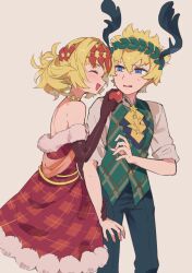 Rule 34 | 1boy, 1girl, ascot, bare shoulders, black gloves, blonde hair, blue eyes, blush, brother and sister, castor (fate), castor (twinkle star) (fate), christmas star, diadem, dress, elbow gloves, fake antlers, fate/grand order, fate (series), fur-trimmed dress, fur-trimmed gloves, fur trim, gloves, gyuu kaku (gyu400), head wreath, highres, holding, jewelry, medium hair, necklace, open mouth, pants, plaid, plaid dress, plaid vest, pollux (fate), pollux (twinkle star) (fate), red dress, red nose, shirt, short hair, siblings, simple background, smile, star (symbol), strapless, sweatdrop, vest, white background, white shirt, yellow ascot