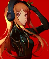Rule 34 | 10s, 1girl, ask (askzy), bodysuit, brown eyes, brown hair, duplicate, eyelashes, goggles, goggles on head, o3o, persona, persona 5, red background, sakura futaba, simple background, solo