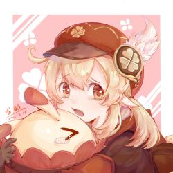 Rule 34 | 1girl, backpack, bag, blonde hair, blush, dress, frown, genshin impact, gloves, hair between eyes, hat feather, klee (genshin impact), looking at viewer, low twintails, pointy ears, red dress, red eyes, red headwear, twintails, unhappy, upper body, xian yu jiu mian