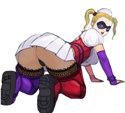 Rule 34 | 1girl, all fours, ass, batman: arkham asylum, batman (series), blonde hair, boots, dc comics, domino mask, elbow gloves, female focus, fishnet thighhighs, fishnets, gloves, harley quinn, hero (do-belman), looking back, mask, no bangs, panties, pantyshot, simple background, solo, thigh boots, thighhighs, thong, twintails, underwear