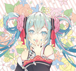 Rule 34 | 1girl, bare shoulders, black sleeves, blue eyes, blue flower, blue hair, blue nails, blue rose, blush, commentary request, detached sleeves, diagonal stripes, dress, fingernails, flower, hair between eyes, hair flower, hair ornament, hair ribbon, hair rings, hand to own mouth, hand up, hatsune miku, hiro chikyuujin, long hair, long sleeves, looking at viewer, multicolored hair, nail polish, open mouth, pink flower, pink hair, pink rose, red flower, red ribbon, red rose, ribbon, rose, round teeth, sleeveless, sleeveless dress, solo, star-shaped pupils, star (symbol), streaked hair, striped, striped background, symbol-shaped pupils, teeth, twintails, upper body, upper teeth only, very long hair, vocaloid, white dress, white flower, wide sleeves, yellow flower, yellow rose