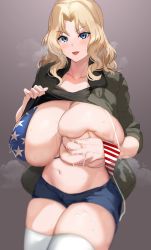 Rule 34 | 1girl, aji (sakanaaj1), american flag bikini, american flag print, bikini, blonde hair, blue eyes, blue shorts, blush, breast hold, breasts, clothes lift, flag print, girls und panzer, green jacket, green shirt, huge breasts, jacket, kay (girls und panzer), lactation, lactation through clothes, looking at viewer, medium hair, navel, one breast out, open clothes, open jacket, open mouth, print bikini, shirt, shirt lift, shorts, simple background, skindentation, solo, steam, stomach, swimsuit, thighhighs, white thighhighs