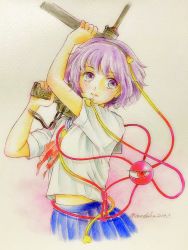 Rule 34 | 1girl, alternate costume, arm up, black hairband, blouse, blue skirt, colored pencil (medium), commentary, cropped torso, gun, hairband, heart, highres, holding, holding gun, holding weapon, komeiji satori, looking at viewer, looking to the side, midriff peek, mp40, neckerchief, parted lips, pleated skirt, purple eyes, purple hair, q-bee (aaru), red neckerchief, school uniform, serafuku, shirt, short hair, short sleeves, skirt, smile, solo, submachine gun, third eye, touhou, traditional media, twitter username, weapon, weapon request, white shirt