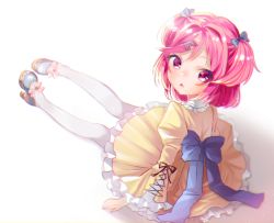 Rule 34 | 1girl, :o, alternate costume, alternate hair ornament, blue bow, bow, commentary, doki doki literature club, dress, frilled dress, frilled sleeves, frills, hair bow, hair ornament, hairclip, high heels, highres, juliet sleeves, lolita fashion, long sleeves, looking at viewer, looking back, natsuki (doki doki literature club), open mouth, pantyhose, pink eyes, pink hair, puffy sleeves, shoes, short hair, sitting, solo, torio (tumasakisamui), two side up, white pantyhose, wide sleeves, yellow dress