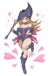 Rule 34 | 1girl, :d, bad id, bad pixiv id, bare shoulders, blonde hair, blush stickers, boots, breasts, cleavage, dark magician girl, duel monster, full body, green eyes, hanarito, hat, heart, highres, long hair, looking at viewer, open mouth, smile, solo, staff, white background, wizard hat, yu-gi-oh!, yuu-gi-ou, yu-gi-oh! duel monsters