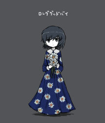 Rule 34 | 1girl, bad id, bad twitter id, black eyes, black hair, blue dress, bouquet, closed mouth, collared dress, dot nose, dress, floral print, flower, full body, grey background, holding, holding bouquet, holding flower, long dress, long sleeves, looking at viewer, no sclera, original, pale skin, short hair, simple background, solo, straight-on, translated, umi ha kirai, white flower