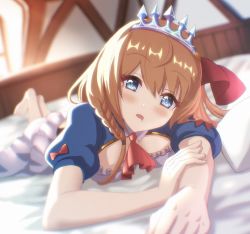 Rule 34 | 1girl, blue eyes, blurry, blurry background, blush, breasts, highres, large breasts, long hair, looking at viewer, lying, okg, on stomach, open mouth, orange hair, pecorine (princess connect!), princess connect!, tiara