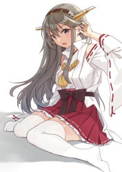 Rule 34 | 1girl, bare shoulders, black hair, blush, brown eyes, detached sleeves, frilled skirt, frills, hair ornament, hairband, hairclip, haruna (kancolle), haruna kai ni (kancolle), headgear, japanese clothes, kantai collection, long hair, looking at viewer, mitsuyo (mituyo324), nontraditional miko, open mouth, pleated skirt, red skirt, ribbon-trimmed sleeves, ribbon trim, simple background, sitting, skirt, solo, thighhighs, wariza, white background, white sleeves, white thighhighs, wide sleeves