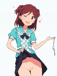 Rule 34 | 1girl, aoba misaki, aqua shirt, argyle, asterisk (asterism), black neckwear, black skirt, bob cut, brown eyes, brown hair, cameltoe, cleft of venus, clothes lift, commentary, cowboy shot, gluteal fold, groin, heart, holding, holding clothes, holding panties, holding underwear, idolmaster, idolmaster million live!, idolmaster million live! theater days, lifted by self, light blush, lowleg, lowleg panties, one eye closed, open mouth, outstretched arm, panties, unworn panties, parted bangs, pussy, shirt, simple background, skirt, skirt lift, smile, solo, thigh gap, two side up, underwear, white background, white panties