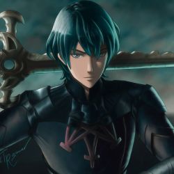 Rule 34 | 1boy, armor, artist name, black gloves, blue eyes, byleth (fire emblem), byleth (male) (fire emblem), cape, fire emblem, fire emblem: three houses, gloves, green hair, heroes relic (fire emblem), highres, holding, holding weapon, looking at viewer, nintendo, portrait, short hair, solo, sword, sword of the creator, upper body, weapon