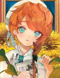 Rule 34 | 1girl, beret, blue eyes, blush, close-up, expressionless, fate/grand order, fate (series), flower, hat, highres, holding, holding pencil, leaf, long hair, looking at viewer, orange hair, parted lips, pencil, sirome 613, sketchbook, solo, sunflower, van gogh (fate), white hat