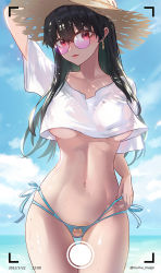 Rule 34 | 1girl, animal print, arm behind head, arm up, artist name, beach, bear print, bikini, bikini bottom only, black hair, blue sky, blush, breasts, chinese commentary, cloud, commentary request, cowboy shot, crop top, dated, earrings, glasses, gold earrings, hat, highres, jewelry, large breasts, long hair, looking at viewer, mumu mago, navel, outdoors, parted lips, fake phone screenshot, purple-tinted eyewear, red eyes, side-tie bikini bottom, sky, solo, spy x family, stomach, straight hair, straw hat, sunglasses, swimsuit, taking picture, thigh gap, thighs, timestamp, tinted eyewear, underboob, viewfinder, water, wet, yor briar