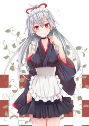 Rule 34 | 1girl, apron, bare shoulders, black choker, black dress, blush, breasts, choker, collarbone, commentary request, dress, fate/grand order, fate (series), grey hair, hair between eyes, hair ribbon, highres, kakan (amka), large breasts, long hair, maid apron, maid headdress, ponytail, red eyes, red ribbon, ribbon, solo, tomoe gozen (fate), wavy mouth, white apron, wide sleeves