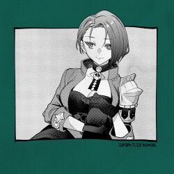 1girl armor artist_name border breasts choker cleavage closed_mouth commentary_request dated fire_emblem fire_emblem:_three_houses gloves green_border greyscale highres jacket kyougetsu_(junrai) looking_at_viewer medium_breasts monochrome nintendo open_clothes open_jacket outside_border pants partially_colored pauldrons shamir_nevrand short_hair shoulder_armor single_pauldron sleeves_rolled_up smile solo