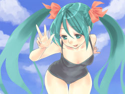 Rule 34 | bad id, bad pixiv id, bent over, blue eyes, blue hair, gk, hatsune miku, leaning forward, long hair, one-piece swimsuit, solo, swimsuit, twintails, v, vocaloid