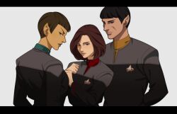 1boy 2girls alien black_hair looking_at_viewer multiple_girls pointy_ears science_fiction short_hair star_trek starfleet_uniform tagme vulcan