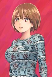 Rule 34 | 1girl, brown eyes, brown hair, looking at viewer, original, parted lips, red background, short hair, solo, ticket, yajirushi (chanoma)