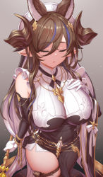 Rule 34 | 1girl, animal ears, breasts, brown hair, closed eyes, commentary request, extra ears, facing viewer, galleon (granblue fantasy), gloves, gradient background, granblue fantasy, grey background, hair ornament, hand on own chest, highres, holding, large breasts, long hair, pointy ears, revision, solo, standing, thigh strap, thighs, white gloves, yasojima nejiro