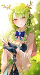 Rule 34 | 1girl, antlers, blush, braid, braided bangs, breasts, bush, ceres fauna, cleavage, cleavage cutout, clothing cutout, dress, green hair, hair ornament, highres, hololive, hololive english, horns, langmal, looking at viewer, medium breasts, medium hair, nail polish, nature, own hands together, single braid, smile, solo, standing, virtual youtuber, wavy hair, yellow eyes