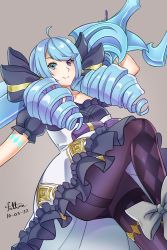 Rule 34 | ahoge, blue hair, closed mouth, dress, drill hair, fattmn, frilled dress, frilled skirt, frills, green eyes, gwen (league of legends), heterochromia, highres, league of legends, long hair, looking at viewer, pantyhose, ribbon, scissors, self-upload, simple background, skirt, striped clothes, striped pantyhose, twin drills, twintails