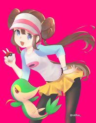 Rule 34 | 1girl, absurdres, blue eyes, brown hair, creatures (company), double bun, game freak, gen 5 pokemon, hair bun, hand on own hip, highres, holding, holding poke ball, looking at viewer, nintendo, open mouth, pantyhose, pantyhose under shorts, poke ball, poke ball (basic), pokemon, pokemon (creature), pokemon bw2, raglan sleeves, ratifuu, red background, rosa (pokemon), shorts, snivy, visor cap, xtransceiver