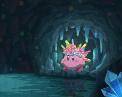 Rule 34 | blue eyes, blush stickers, cave, closed mouth, copy ability, crown, crystal, crystal needle kirby, gem, glowing, highres, indoors, kirby, kirby (series), kirby and the forgotten land, miclot, nintendo, no humans, pink footwear, purple gemstone, red gemstone, shoes, water, yellow gemstone