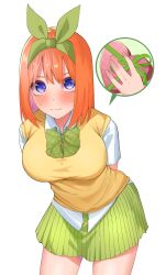 Rule 34 | 1girl, \||/, absurdres, airo, arms behind back, blue eyes, blush, bow, box, breasts, closed mouth, collared shirt, commentary request, cowboy shot, eyelashes, gift, go-toubun no hanayome, green bow, green ribbon, green skirt, hair between eyes, hair ribbon, heart-shaped box, highres, holding, holding gift, large breasts, looking at viewer, medium hair, miniskirt, nakano yotsuba, nervous, nervous smile, orange hair, plaid, plaid bow, pleated skirt, ribbon, school uniform, shirt, shy, simple background, skirt, smile, solo, speech bubble, straight hair, sweatdrop, sweater vest, v-shaped eyebrows, valentine, wavy mouth, white background, white shirt, yellow sweater vest